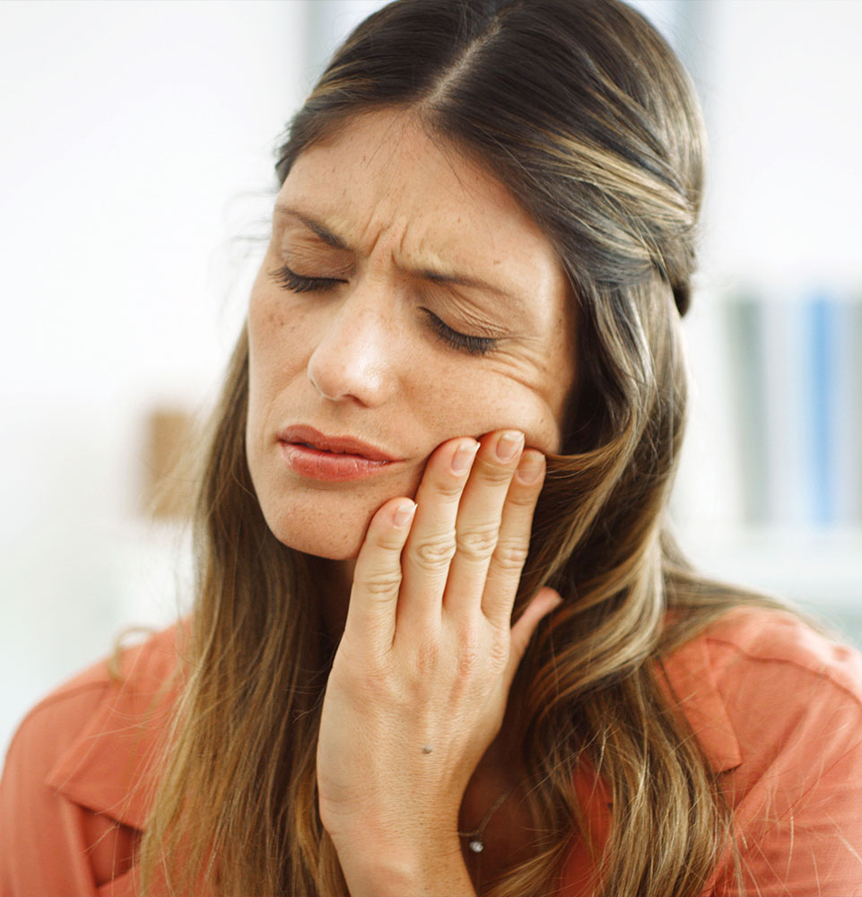 Woman, mouth and pain with toothache at house from dental cavity, tooth extraction and gum infection.