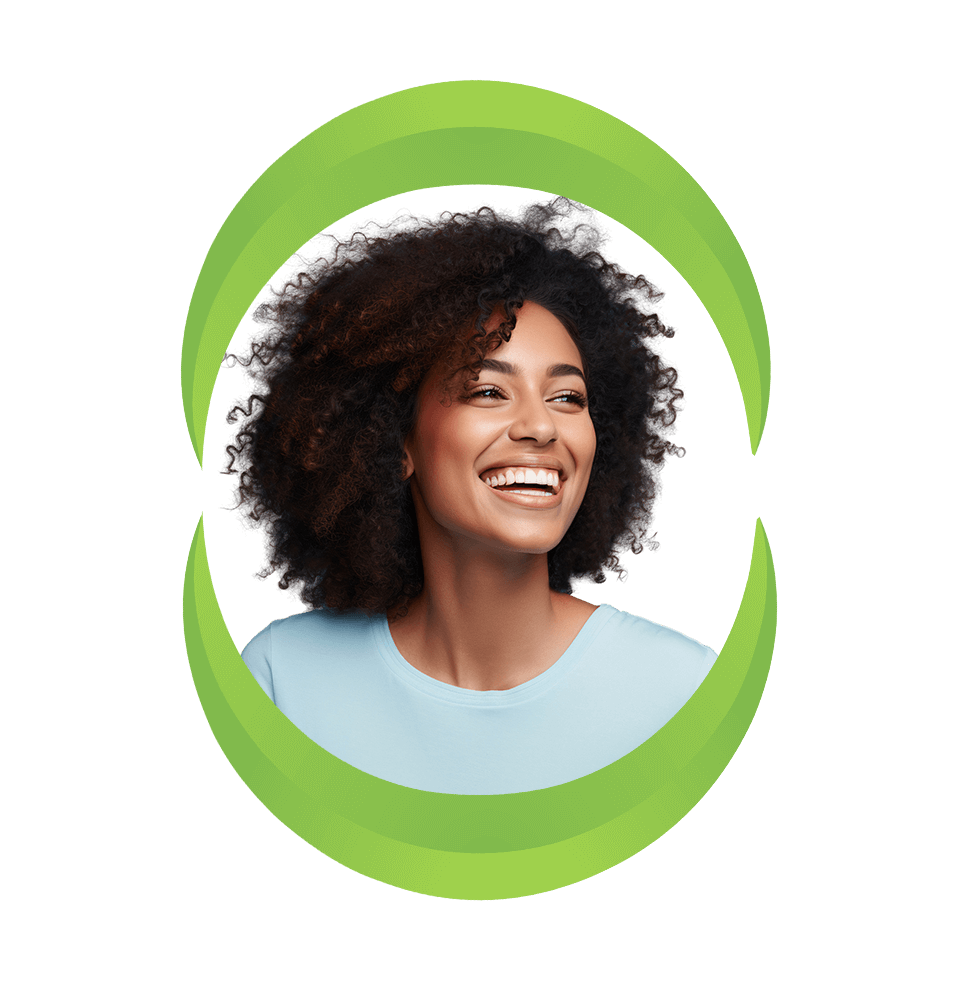 young beautiful women smiling brightly within a green outlined frame